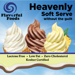 NEW Flavorful Foods Soft Serve Mix, available in vanilla, chocolate, and lemon waffle cones, is lactose-free, low-fat, zero cholesterol, and kosher-friendly against a sky backdrop.