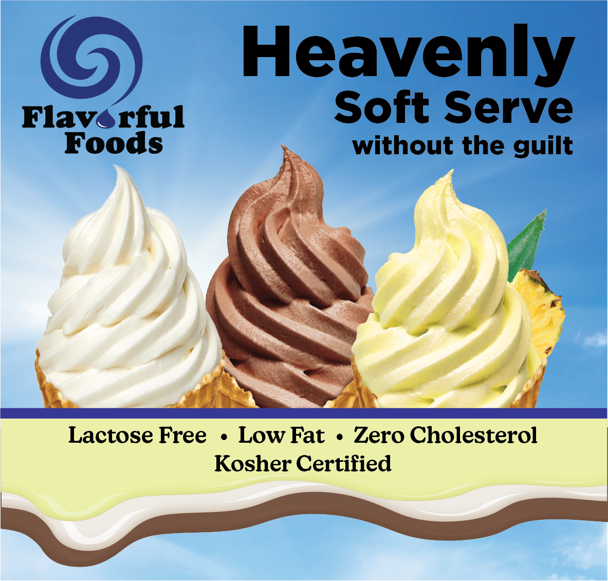 Promo poster with three NEW Flavorful Foods Soft Serve Mix cones in vanilla, chocolate, and lemon; lactose-free, low fat, zero cholesterol, kosher certified treats.