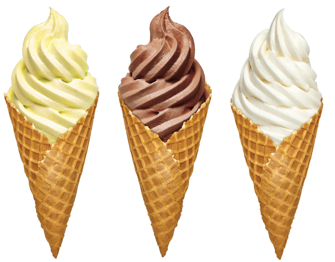 Three waffle cones of NEW Flavorful Foods Soft Serve Mix: lemon, chocolate, and vanilla flavors from left to right. A delightful treat!.